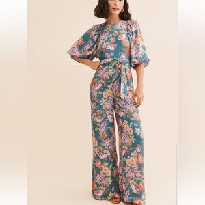Anthropologie Machelle Elegant Floral Teal Jumpsuit